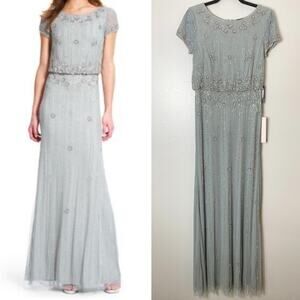 NWT ADRIANNA PAPELL DRESS 6 GOWN SILVER BEADED SEQUIN FLORAL BLOUSON LONG MAXI